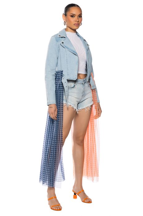 MAKE YOUR MARK DENIM MOTO JACKET WITH MESH SKIRT ACCENT IN LIGHT BLUE DENIM