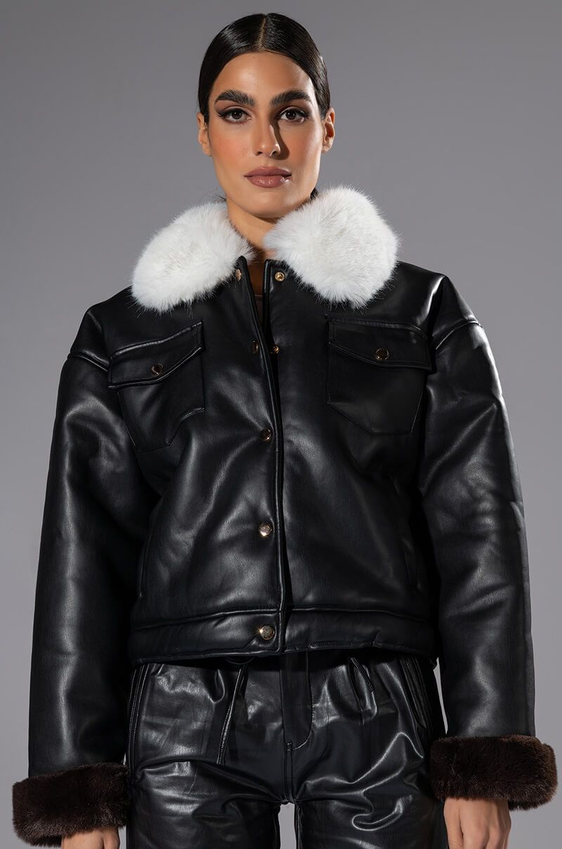 MEET ME AT OUR SPOT PU TRUCKER JACKET IN BLACK