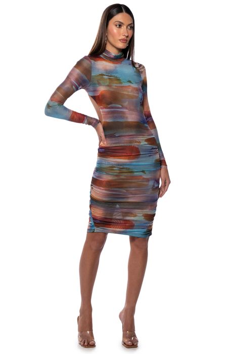 MEL PRINTED OPEN BACK MIDI DRESS IN BROWN MULTI
