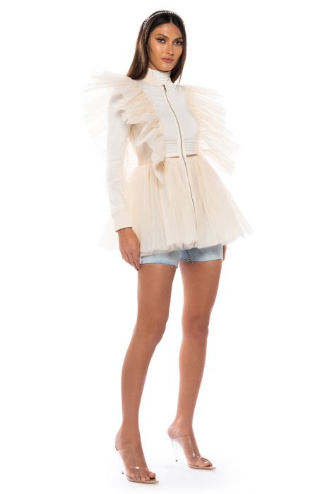 MIGHTY FINE PEPLUM MESH BOMBER in CREAM