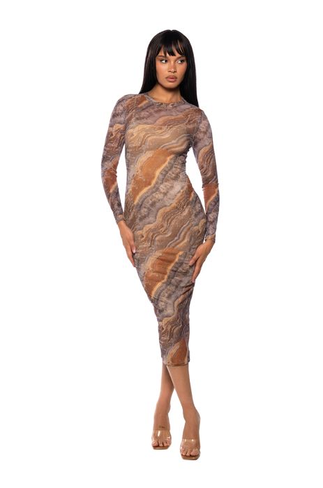 MONICA LONG SLEEVE MIDI DRESS IN BROWN MIX