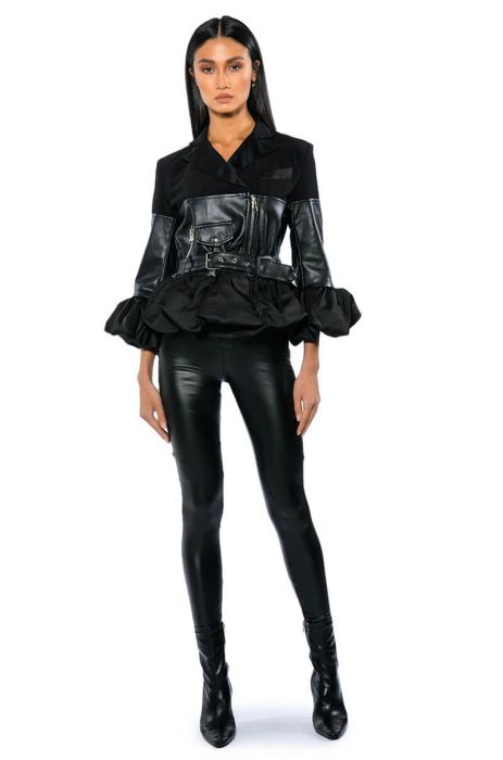 NEW BEGINNINGS THREE QUARTER SLEEVE BELTED PEPLUM MOTO JACKET in BLACK