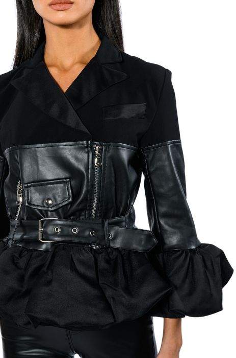 NEW BEGINNINGS THREE QUARTER SLEEVE BELTED PEPLUM MOTO JACKET in BLACK