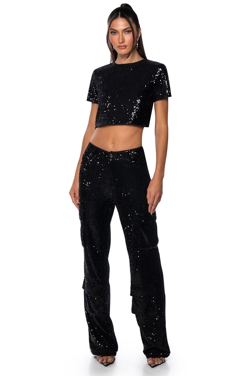NIGHT OF NIGHTS SEQUIN CARGO PANT in black
