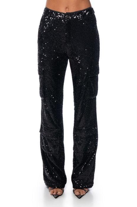 NIGHT OF NIGHTS SEQUIN CARGO PANT in black