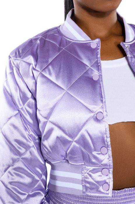 NO CAP CROPPED SATIN VARSITY BOMBER IN LILAC