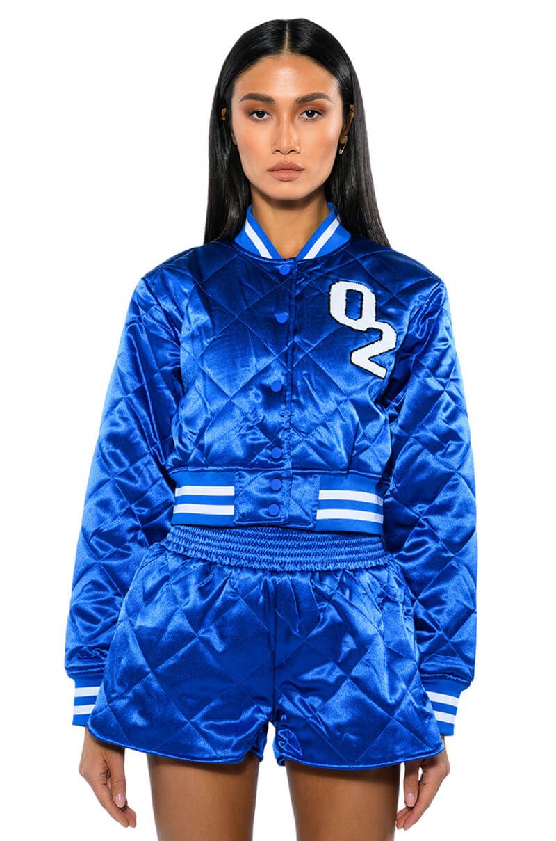 AZALEA WANG NO CAP CROPPED SATIN VARSITY BOMBER IN BLUE
