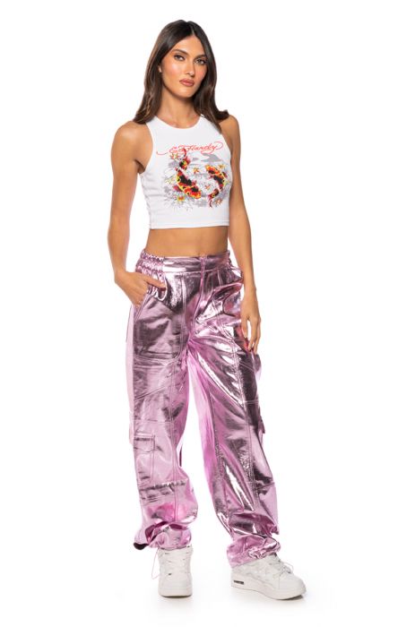 OUT OF THIS WORLD METALLIC CARGO PANTS IN PINK
