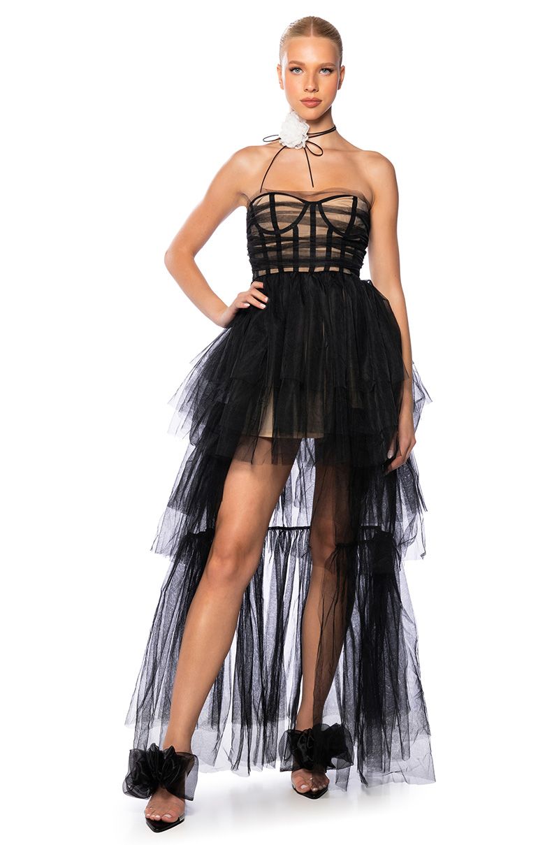 PARTY STARTER HIGH LOW TULLE DRESS IN BLACK MULTI