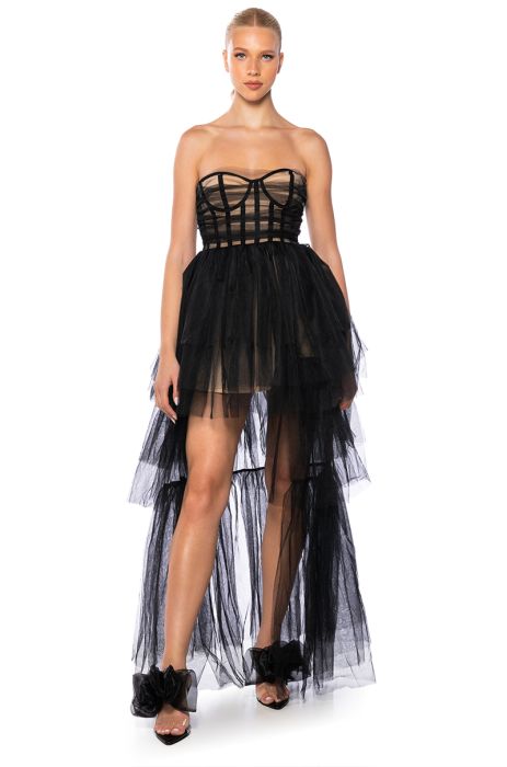 PARTY STARTER HIGH LOW TULLE DRESS IN BLACK MULTI