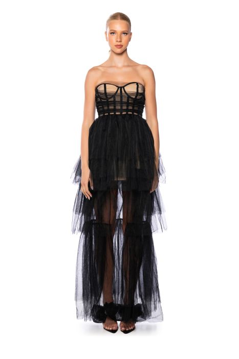 PARTY STARTER HIGH LOW TULLE DRESS IN BLACK MULTI