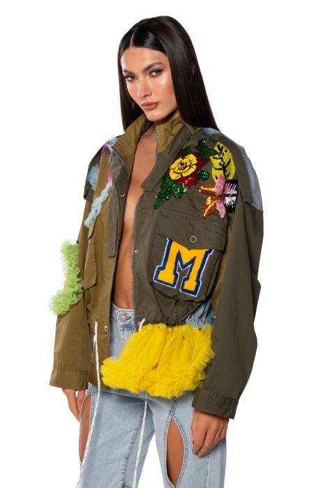 PICCADILLY EMBELLISHED MIX MEDIA JACKET in olive