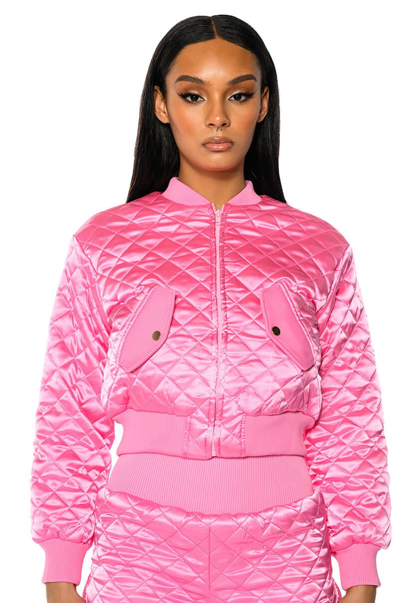 ITS GIVING QUILTED SPRING BOMBER IN PINK