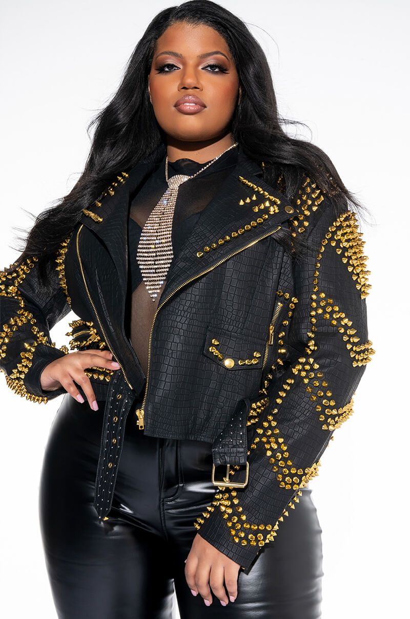 PLUS AZALEA WANG CITY SLICKER GOLD STUD CROC MOTO JACKET