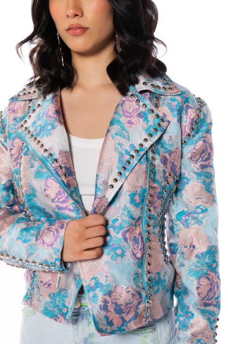 PRIMROSE STUDDED BROCADE MOTO JACKET in blue multi