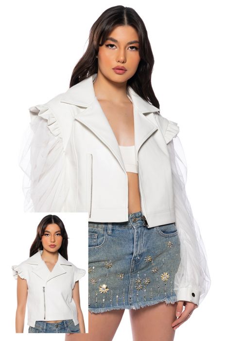 ROYAL COURT CONVERTIBLE RUFFLED MOTO JACKET WITH MESH SLEEVES in white
