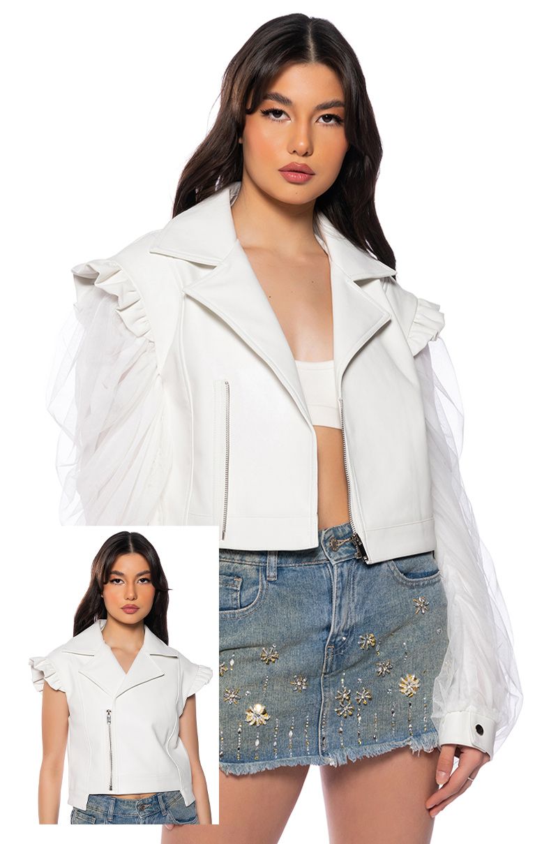 ROYAL COURT CONVERTIBLE RUFFLED MOTO JACKET WITH MESH SLEEVES in white