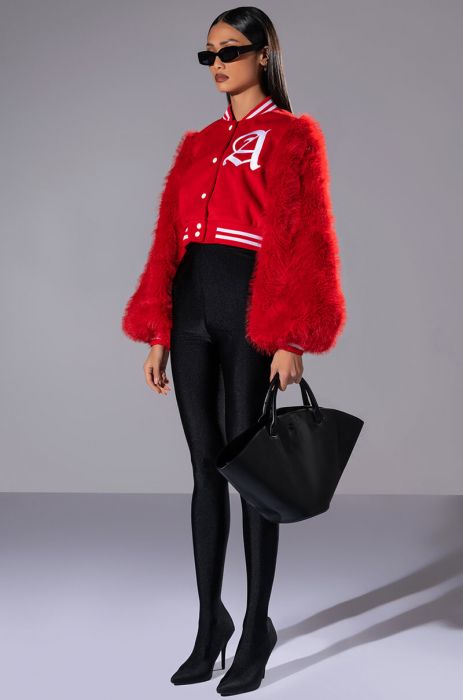 RUELA VARSITY BOMBER WITH FUR SLEEVES in red