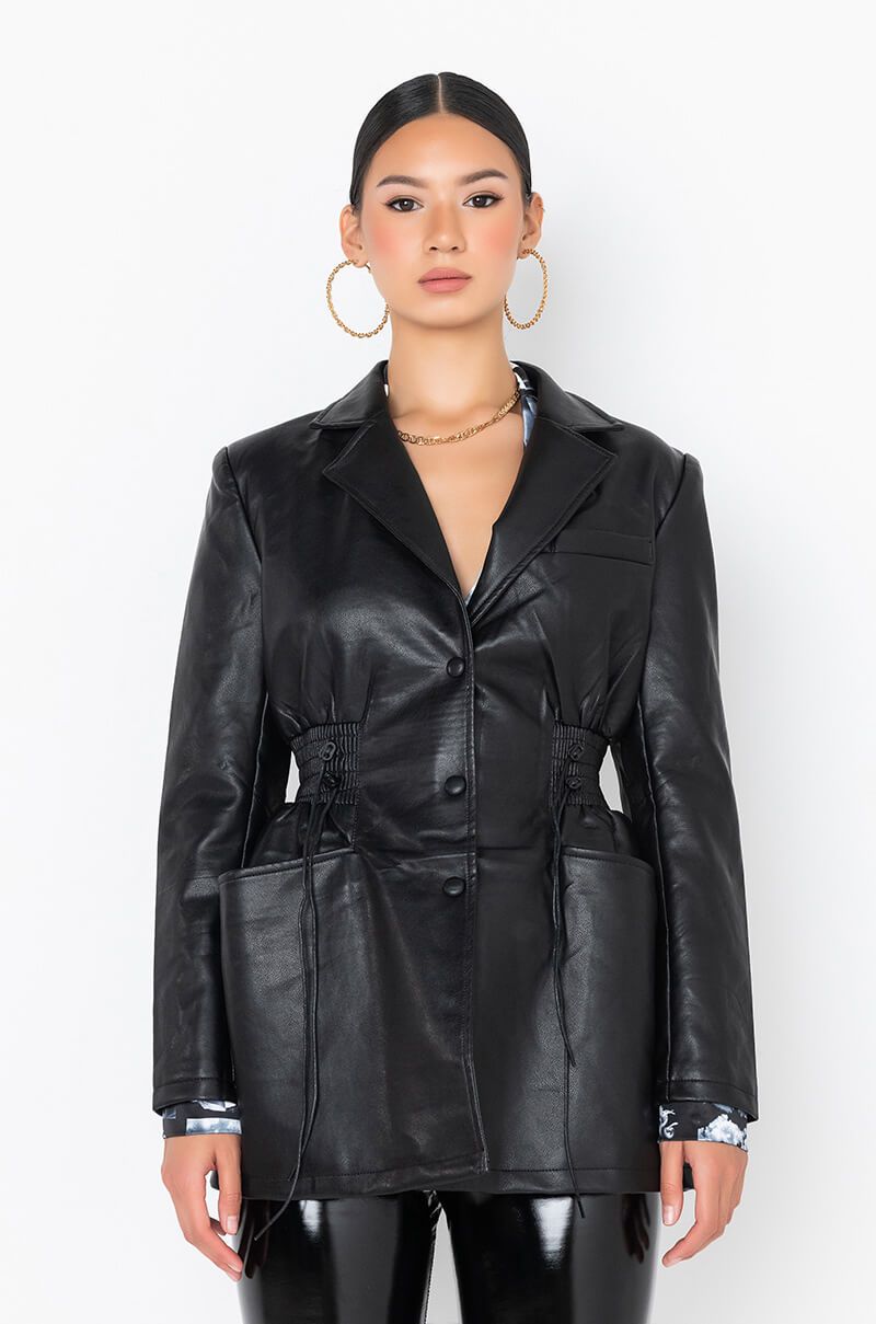 STREET STYLE STAR FAUX LEATHER BLAZER JACKET IN BLACK