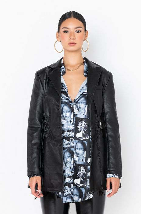 STREET STYLE STAR FAUX LEATHER BLAZER JACKET IN BLACK
