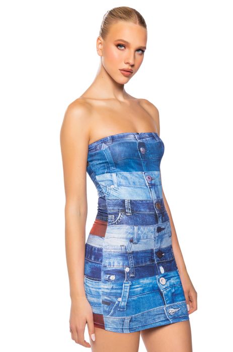 STUNNER DENIM LOOK MINI DRESS IN BLUE