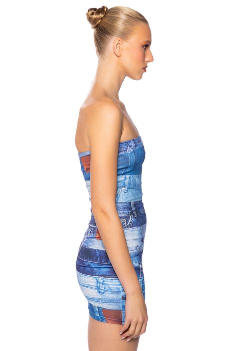 STUNNER DENIM LOOK MINI DRESS IN BLUE