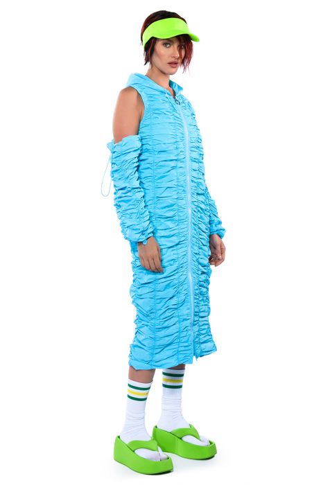 TAKE MY LEAD COLD SHOULDER NYLON TRENCH DRESS IN BLUE