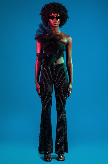 TAMERA RHINESTONE MESH FLARE PANT in black silver