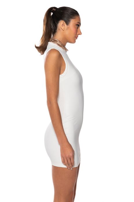 ULTRA LUX FAUX LEATHER MOCK NECK MINI DRESS WITH 4 WAY STRETCH IN WHITE