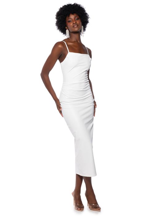 UP TO NO GOOD SLEEVELESS FAUX LEATHER MIDI DRESS WITH 4 WAY STRETCH in black