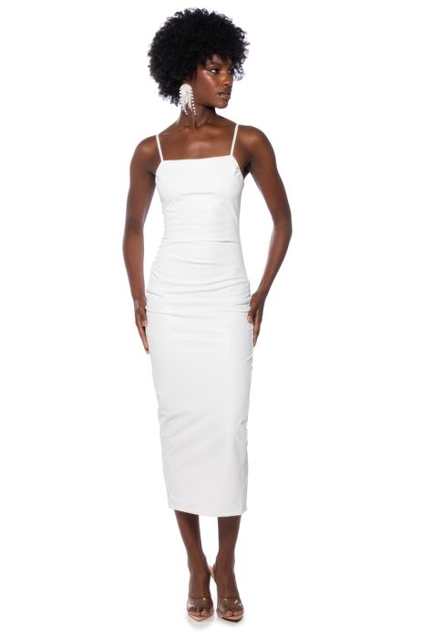UP TO NO GOOD SLEEVELESS FAUX LEATHER MIDI DRESS WITH 4 WAY STRETCH in black