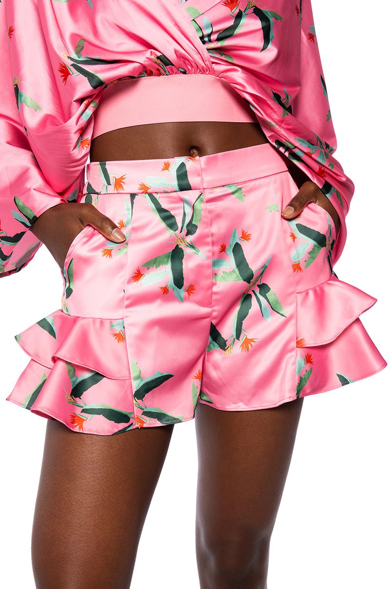 WE MEET AGAIN SATIN FLOUNCE SHORTS in pink multi