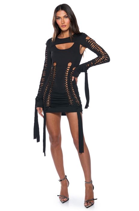 WORST BEHAVIOR DISTRESSED MINI DRESS in black