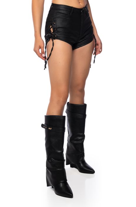 ADRIANA LACE UP FAUX LEATHER SHORTS in black