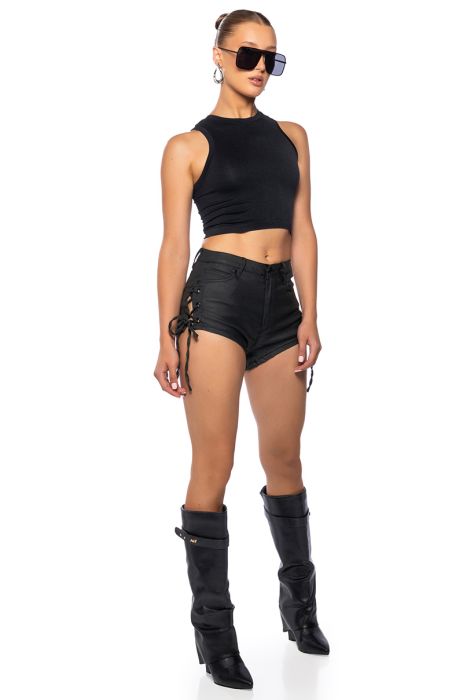 ADRIANA LACE UP FAUX LEATHER SHORTS in black