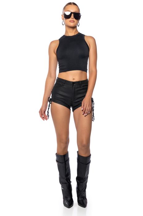ADRIANA LACE UP FAUX LEATHER SHORTS in black