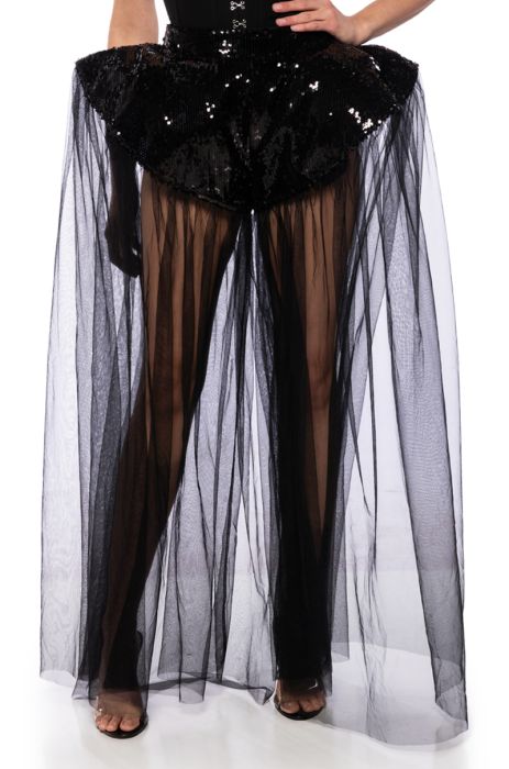 ALL OF THE DRAMA TULLE OVERLAY SEQUINED FASHION SHORT IN BLACK