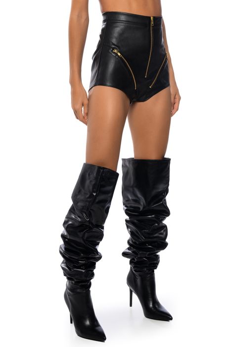 ALL ZIPPED UP FAUX LEATHER BOOTY SHORT in black