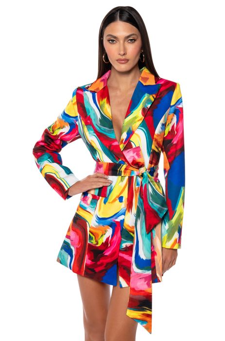 ALWAYS RIGHT BELTED MINI DRESS IN BLUE MULTI