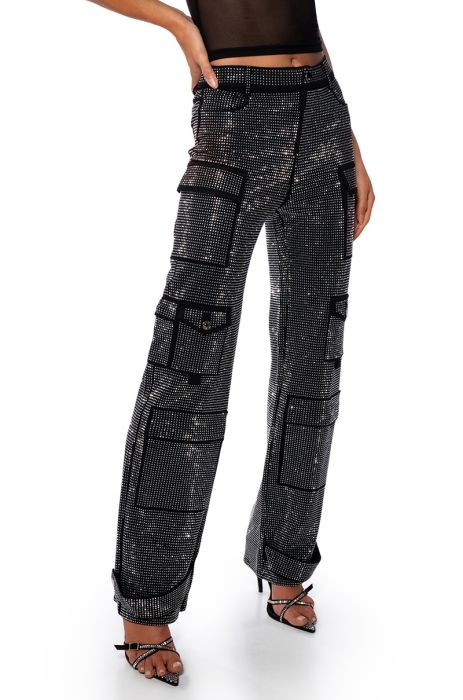 AMMO BONNE SOIREE RHINESTONE CARGO PANTS IN BLACK, GREY