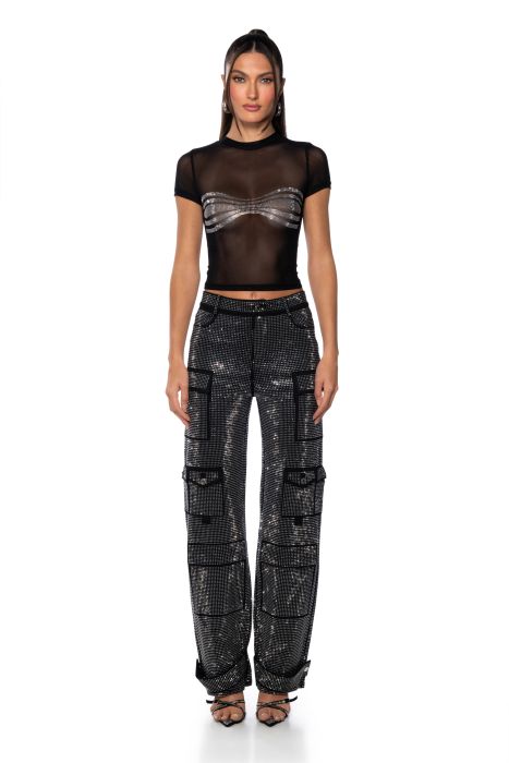 AMMO BONNE SOIREE RHINESTONE CARGO PANTS IN BLACK, GREY