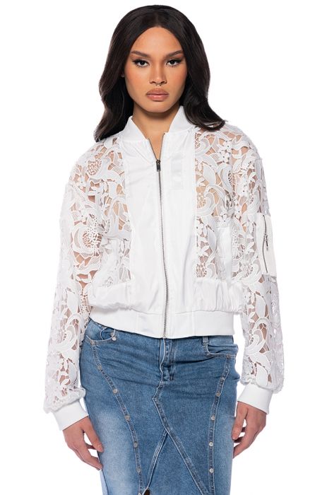 AND JUST LIKE THAT LACE BOMBER in white