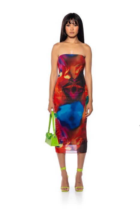 ANOTHER LEVEL STRAPLESS MIDI DRESS IN RED MULTI