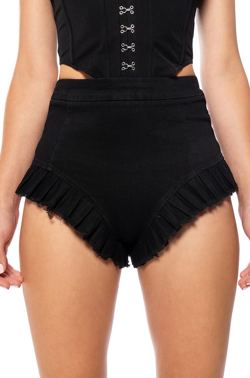 ASTRO RUFFLE DENIM BOOTY SHORT in black
