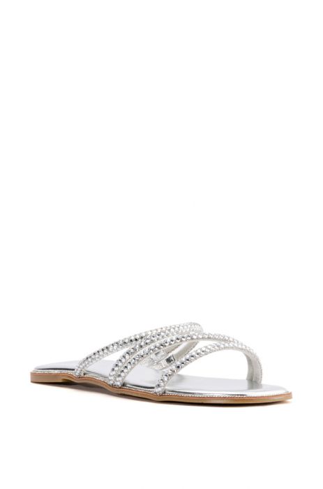 AZALEA WANG ABOUT YOU RHINESTONE EMBELLISHED SLIP ON FLAT SANDAL IN SILVER