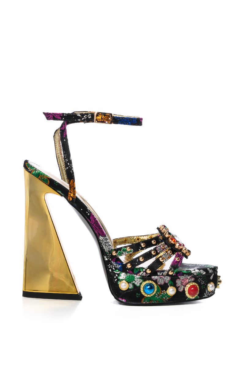 AZALEA WANG ADEN EMBELLISHED BROCADE CHUNKY SANDAL IN BLACK