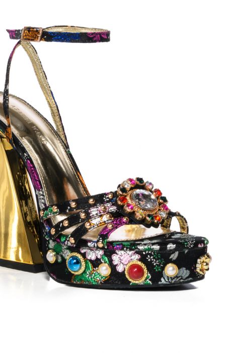 AZALEA WANG ADEN EMBELLISHED BROCADE CHUNKY SANDAL IN BLACK