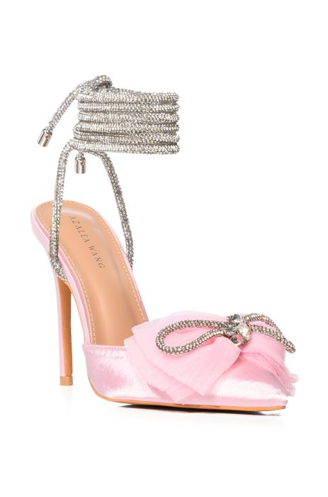 AZALEA WANG CHANTE EMBELLISHED LACE UP PUMP WITH BOW IN PINK