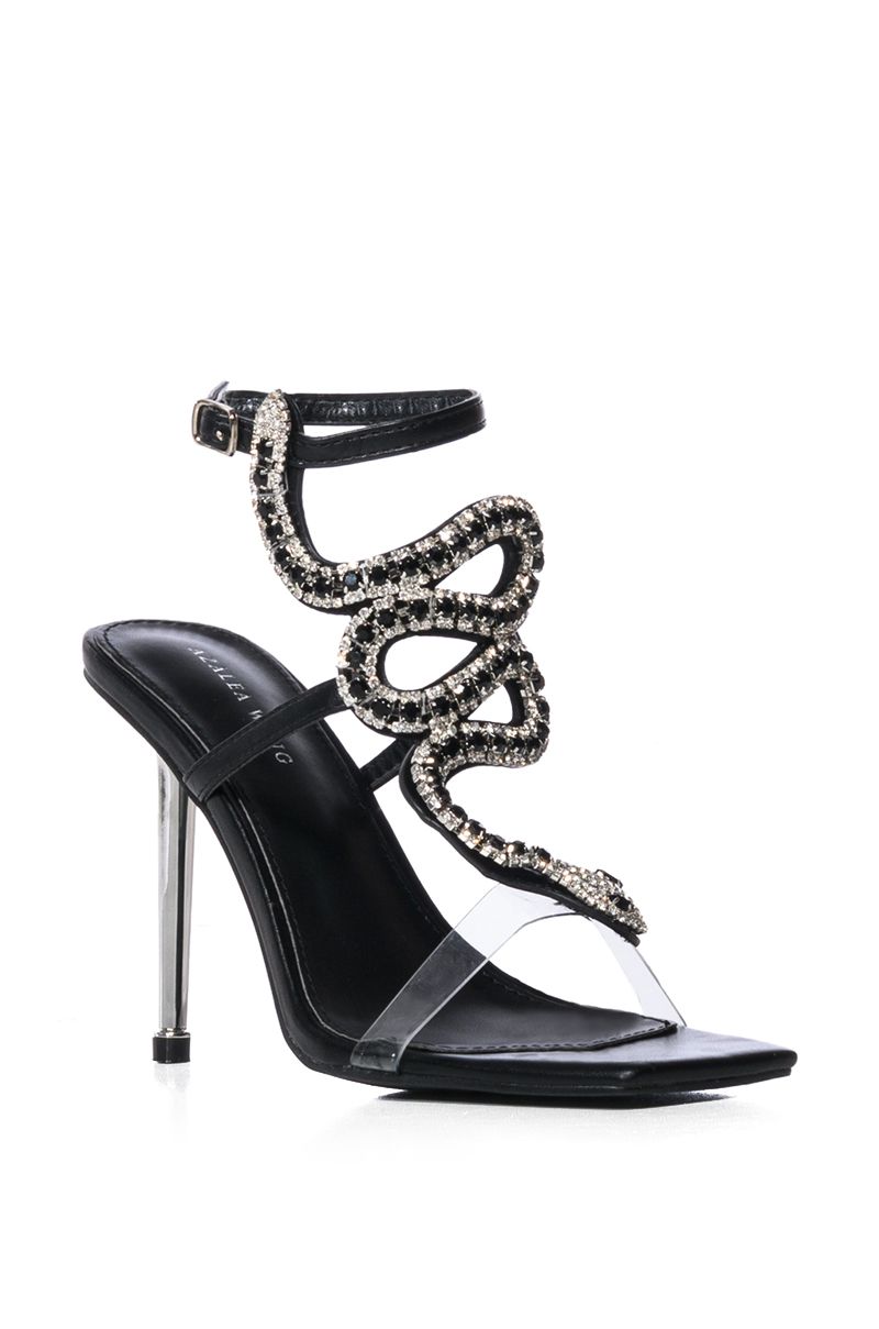 AZALEA WANG COBRA SNAKE EMBELLISHED STILETTO SANDAL IN BLACK