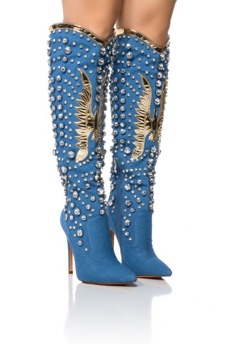 AZALEA WANG DENIM AND DIAMONDS KNEE HIGH STILETTO WESTERN BOOT IN DENIM